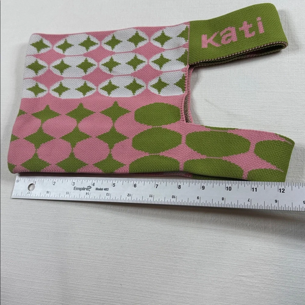 Kati‎ Pink Green Knit Geometric Pattern Mini Tote Bag Asymmetrical Handle
